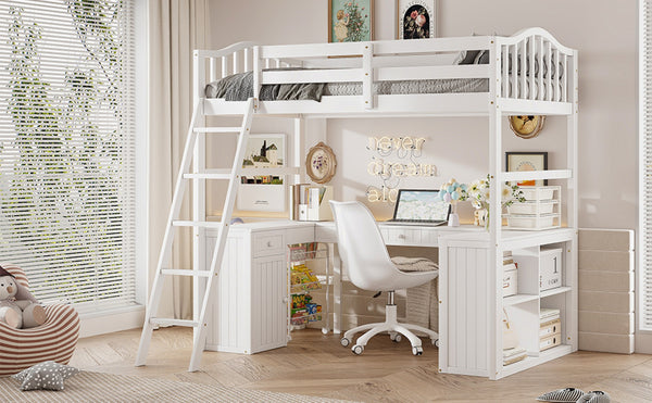 English Elm Twin Loft Bed with Desk Drawers Cabinet Shelves Solid Pine Wood White Finish LT0001505AAK-1