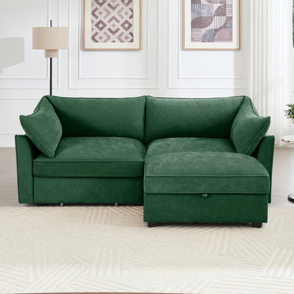 English Elm 2 Seater Sofa With Movable Ottoman & Hidden Storage Drawers – Modern Chenille Green Design For Small Spaces W3041S00183