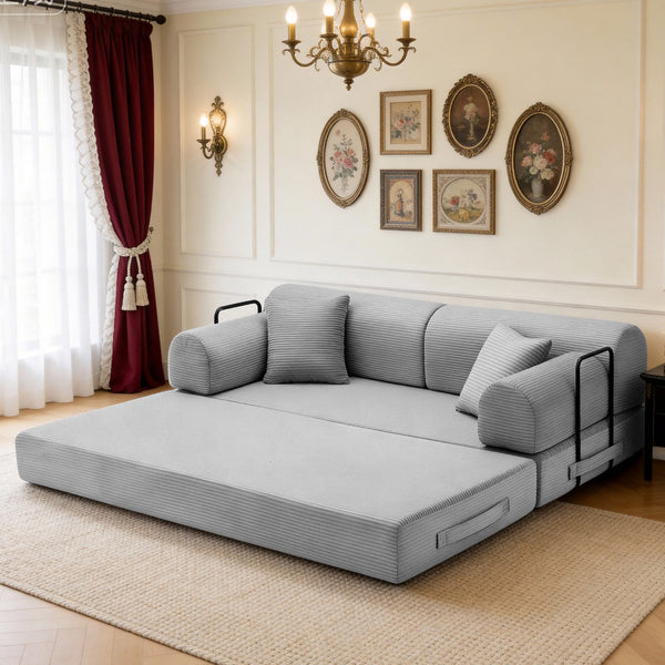 English Elm Convertible Corduroy Floor Sofa Folds Flat as Sleeper Daybed for Studio Living Light Grey W5532P438816