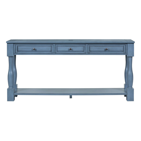 English Elm Trexm Distressed Entryway Console Table Three Drawers Open Shelf Mediterranean Wood Navy N715P372052M