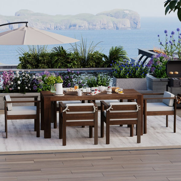 English Elm Trexm Acacia Wood Outdoor Dining Set Seats Six with Washable Cushions Umbrella Ready Beige,Mocha TM000022AAP