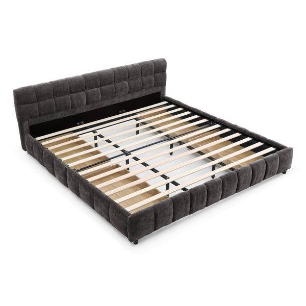 English Elm California King Platform Bed Chenille Upholstered Frame with Storage Drawers Modern Dark Gray W487S00421