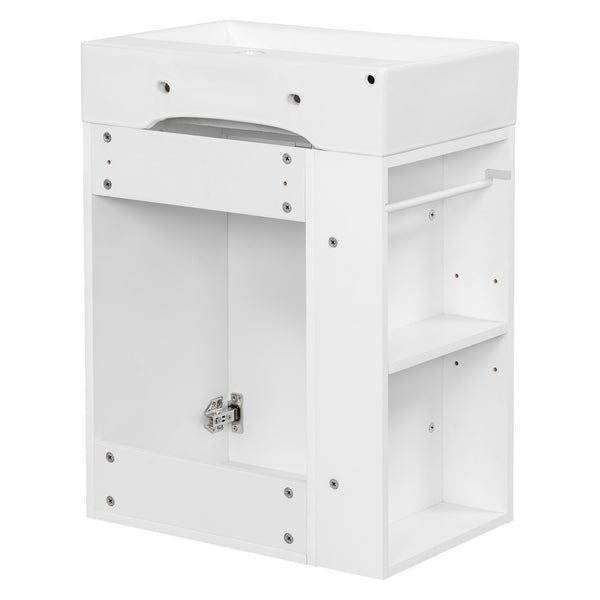 English Elm 20 Modern Wall-Mounted Bathroom Vanity with Ceramic Sink, Diamond Door, Gold Handles & Shelves — Compact White N725P314033K