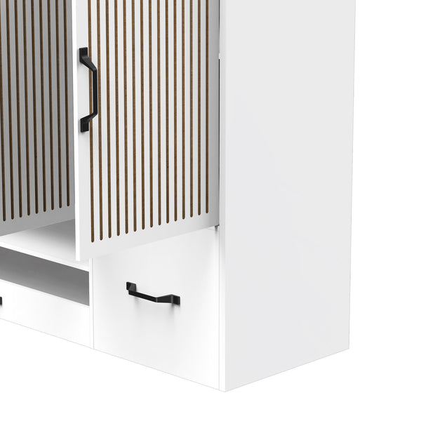 English Elm Multi-functional Shoe Cabinet with Adjustable Shelves, Stool & Retractable Toe-Kick Drawer, White Storage Organizer with Sturdy Top for Entryway and Hallway W3383P361254