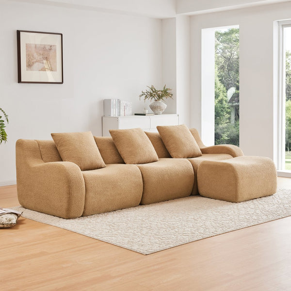 English Elm Boneless 3-Seat Sofa In Camel, Premium Teddy Fabric, No Assembly, Ergonomic Design, Anti-Slip Base W714S01432