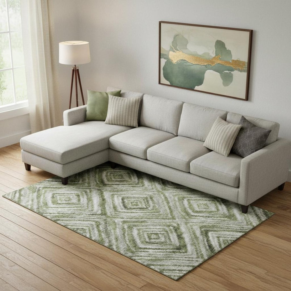 HomeRoots 8' X 10' Contemporary Artichoke Green and Gray Geometric Washable Area Rug with UV Protection 665000