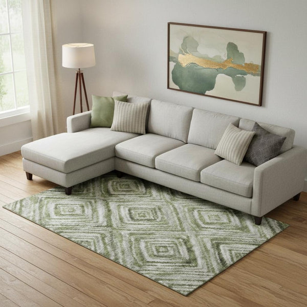 HomeRoots 8' X 10' Contemporary Artichoke Green and Gray Geometric Washable Area Rug with UV Protection 665000