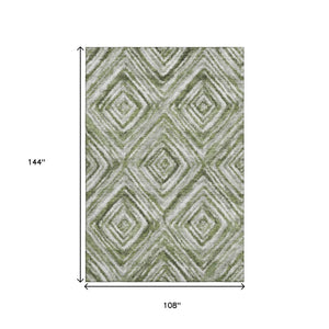 HomeRoots 9' X 12' Artichoke Green Gray Ivory Geometric Area Rug – Durable, Washable, Stylish & UV Protected! 665001