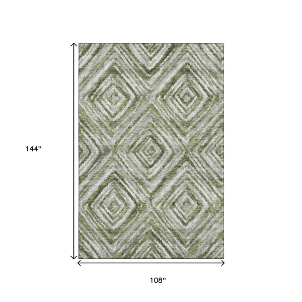 HomeRoots 9' X 12' Artichoke Green Gray Ivory Geometric Area Rug – Durable, Washable, Stylish & UV Protected! 665001