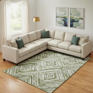 HomeRoots 9' X 12' Artichoke Green Gray Ivory Geometric Area Rug – Durable, Washable, Stylish & UV Protected! 665001