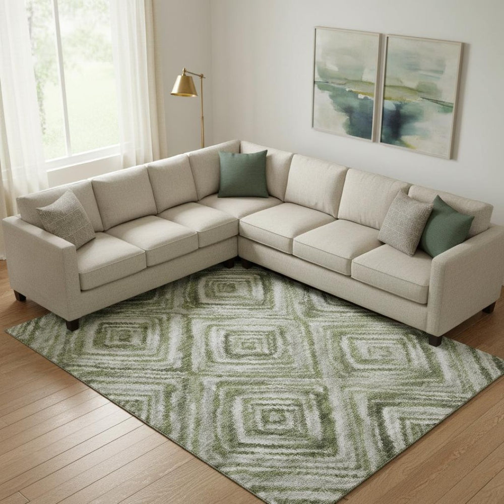 HomeRoots 10' Modern Artichoke Green Gray Ivory Geometric Washable Area Rug with UV Protection for Homes 665002
