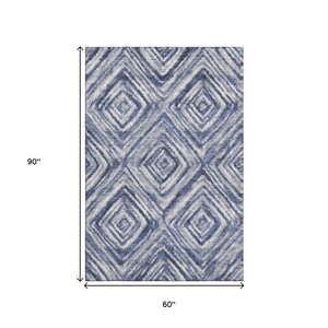 HomeRoots 5' X 8' Blue Ivory Gray Geometric Area Rug – Washable, UV Protected, Durable for Homes with Kids & Pets 665010