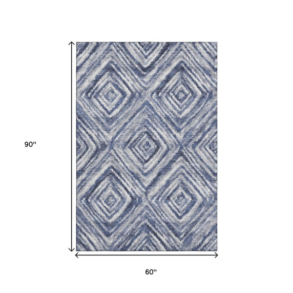 HomeRoots 5' X 8' Blue Ivory Gray Geometric Area Rug – Washable, UV Protected, Durable for Homes with Kids & Pets 665010