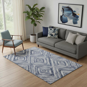 HomeRoots 5' X 8' Blue Ivory Gray Geometric Area Rug – Washable, UV Protected, Durable for Homes with Kids & Pets 665010