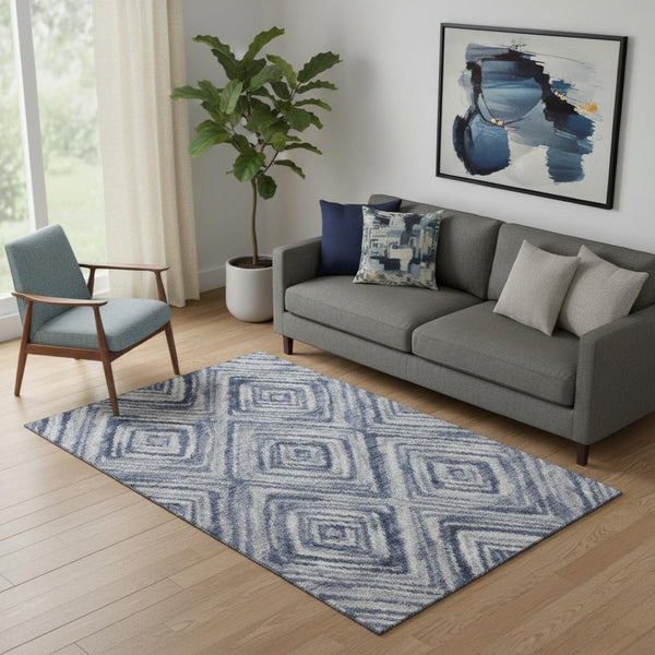 HomeRoots 5' X 8' Blue Ivory Gray Geometric Area Rug – Washable, UV Protected, Durable for Homes with Kids & Pets 665010