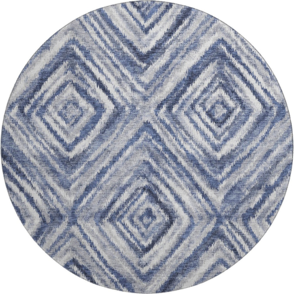 HomeRoots 8' Blue Ivory and Gray Geometric Round Rug - Washable, UV-Protected, Stylish Design for Any Room 665011