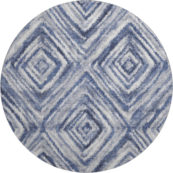 HomeRoots 8' Blue Ivory and Gray Geometric Round Rug - Washable, UV-Protected, Stylish Design for Any Room 665011
