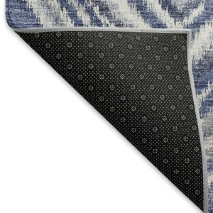 HomeRoots 8' Blue Ivory and Gray Geometric Round Rug - Washable, UV-Protected, Stylish Design for Any Room 665011
