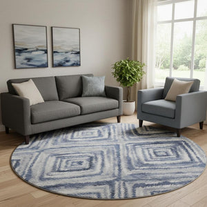 HomeRoots 8' Blue Ivory and Gray Geometric Round Rug - Washable, UV-Protected, Stylish Design for Any Room 665011