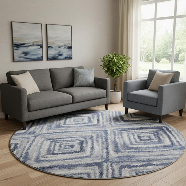 HomeRoots 8' Blue Ivory and Gray Geometric Round Rug - Washable, UV-Protected, Stylish Design for Any Room 665011