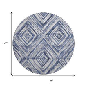 HomeRoots 8' Blue Ivory and Gray Geometric Round Rug - Washable, UV-Protected, Stylish Design for Any Room 665011