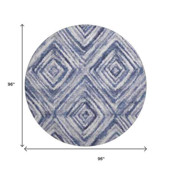HomeRoots 8' Blue Ivory and Gray Geometric Round Rug - Washable, UV-Protected, Stylish Design for Any Room 665011