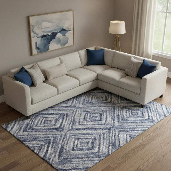 HomeRoots 9' X 12' Stylish Blue Ivory Gray Geometric Washable Area Rug with UV Protection for High-Traffic Areas 665013
