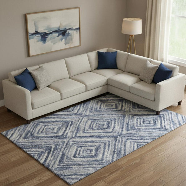 HomeRoots 10' Blue Ivory and Gray Geometric Washable Area Rug - Durable, Stain-Resistant, UV-Protected Design! 665014