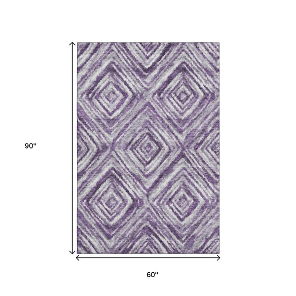 HomeRoots 5' X 8' Stylish Purple Ivory Gray Geometric Area Rug - Washable, UV-Protected & Pet-Friendly Design 665028