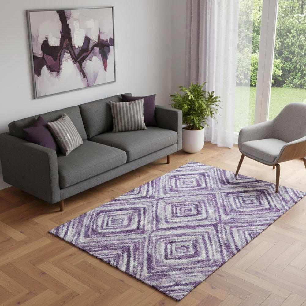 HomeRoots 5' X 8' Stylish Purple Ivory Gray Geometric Area Rug - Washable, UV-Protected & Pet-Friendly Design 665028