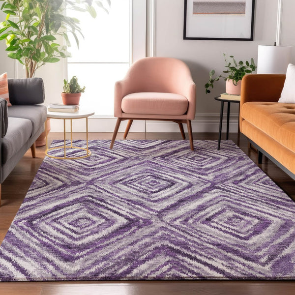 HomeRoots 5' X 8' Stylish Purple Ivory Gray Geometric Area Rug - Washable, UV-Protected & Pet-Friendly Design 665028