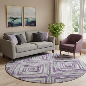 HomeRoots 8' Washable Purple, Ivory, and Gray Geometric Round Rug with UV Protection for Stylish Living Spaces 665029