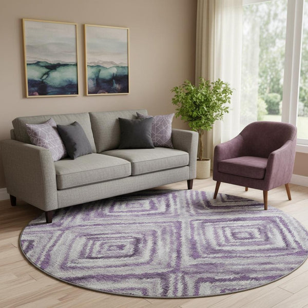 HomeRoots 8' Washable Purple, Ivory, and Gray Geometric Round Rug with UV Protection for Stylish Living Spaces 665029