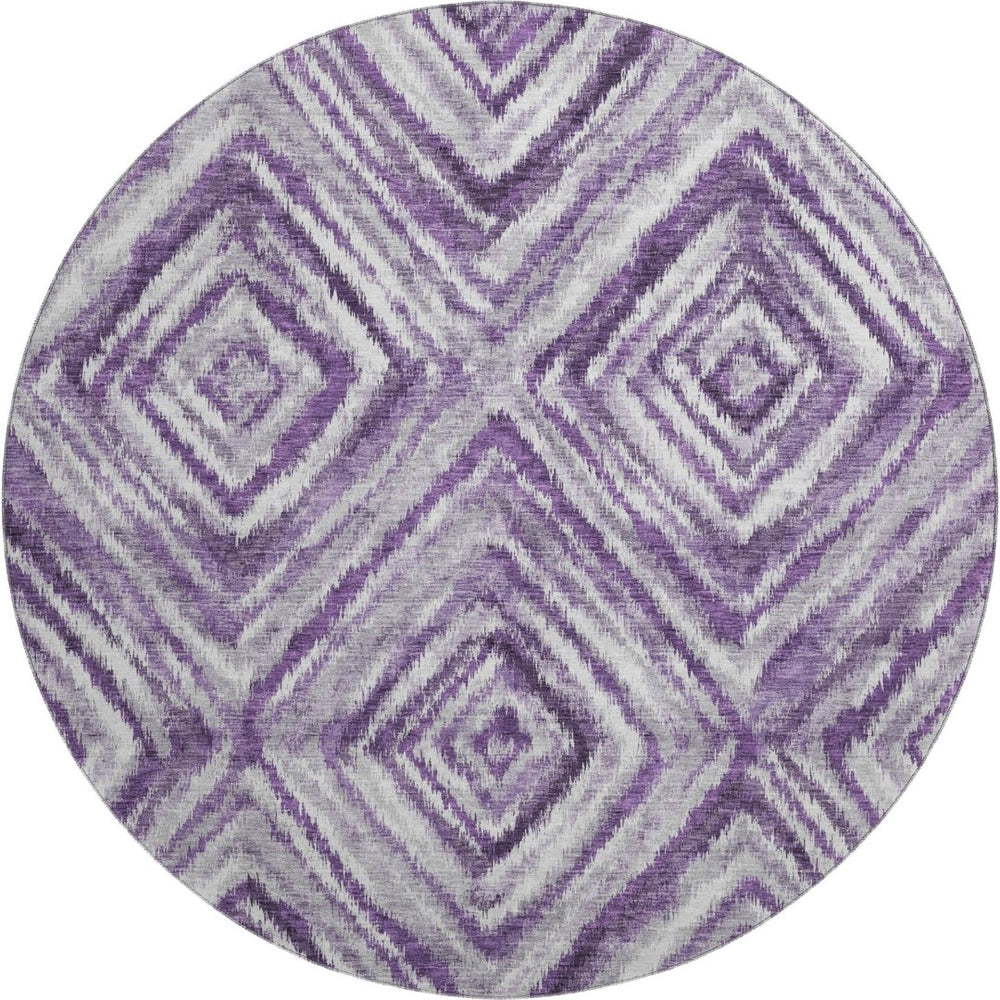 HomeRoots 8' Washable Purple, Ivory, and Gray Geometric Round Rug with UV Protection for Stylish Living Spaces 665029