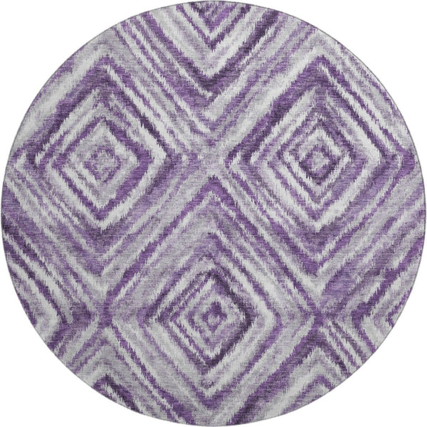 HomeRoots 8' Washable Purple, Ivory, and Gray Geometric Round Rug with UV Protection for Stylish Living Spaces 665029