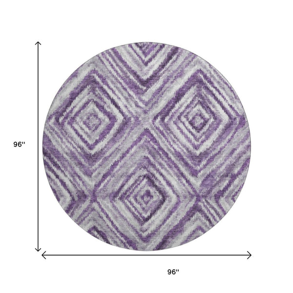 HomeRoots 8' Washable Purple, Ivory, and Gray Geometric Round Rug with UV Protection for Stylish Living Spaces 665029