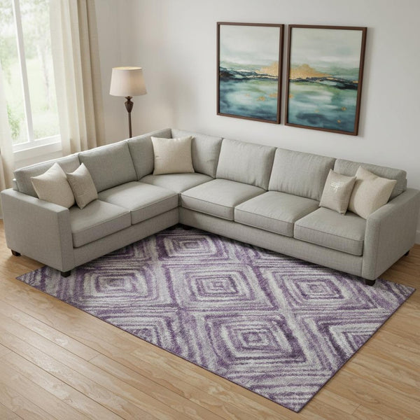 HomeRoots 8' X 10' Modern Geometric Purple Ivory Gray Area Rug - Washable, Stain-Resistant, UV Protected! 665030