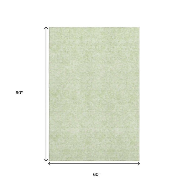 HomeRoots 5' Artichoke Green & Ivory Floral Area Rug – Washable, UV Protected, Durable for Family Homes 665040