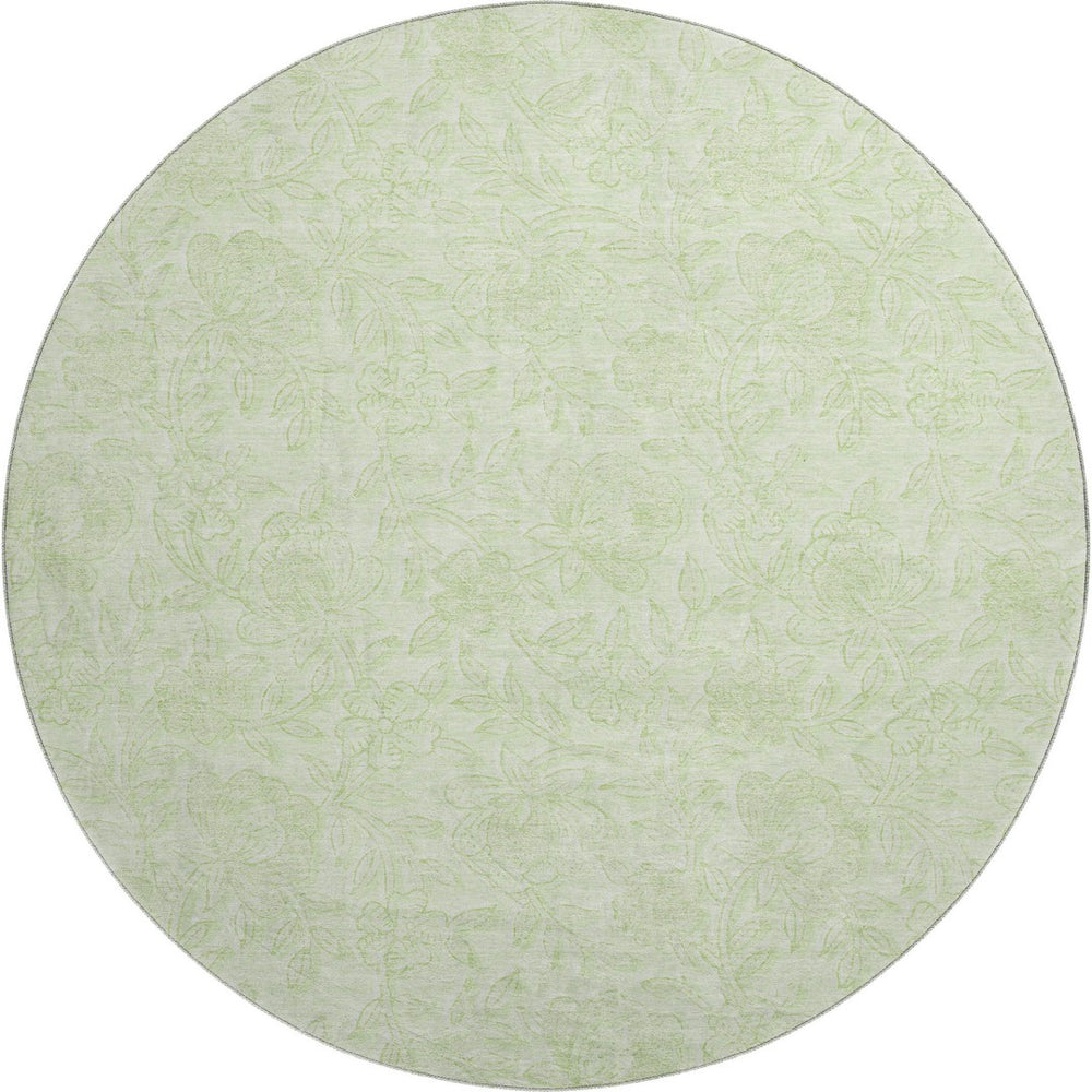 HomeRoots 8' Artichoke Green and Ivory Floral Round Rug – Washable, UV-Protected, Stain-Resistant Design 665041