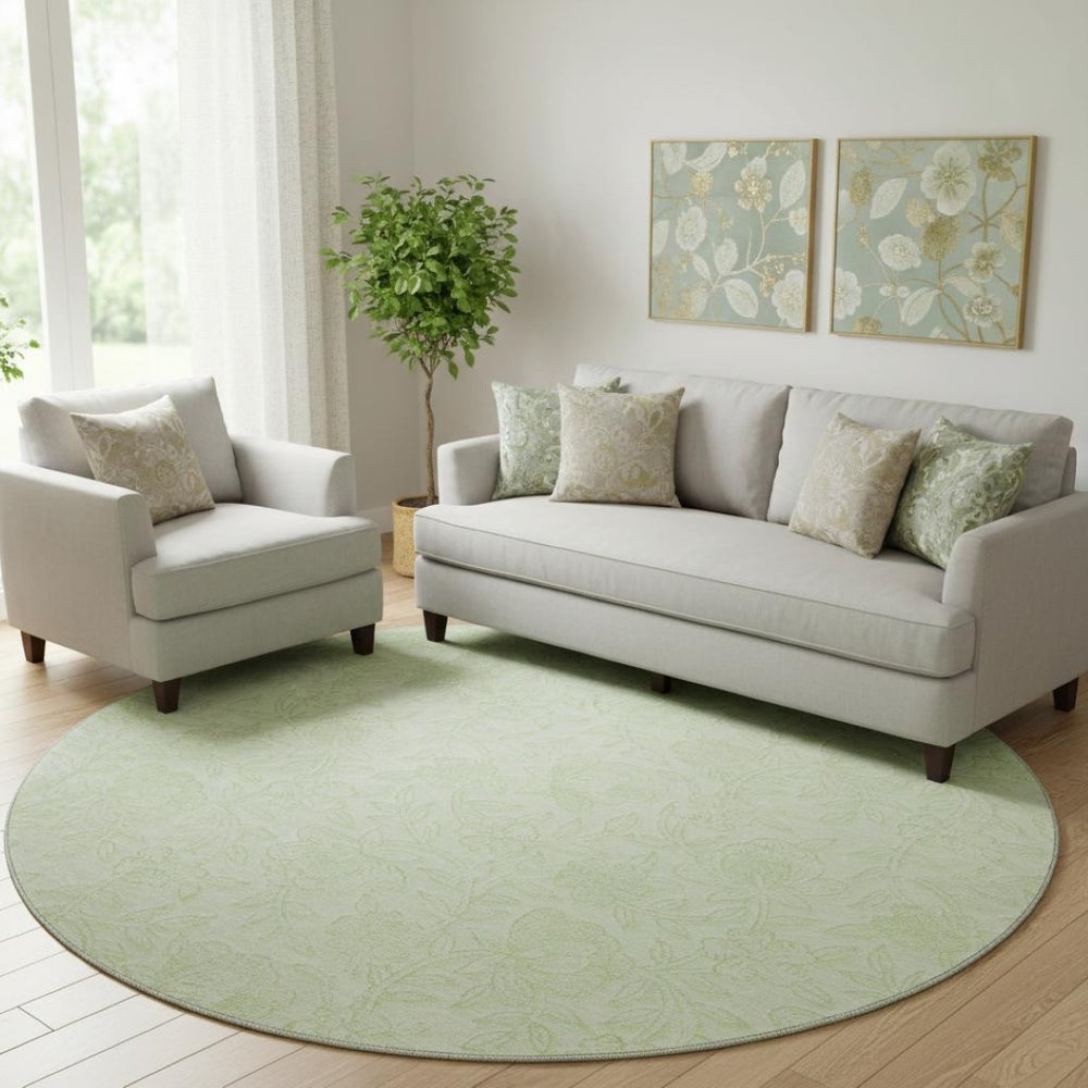 HomeRoots 8' Artichoke Green and Ivory Floral Round Rug – Washable, UV-Protected, Stain-Resistant Design 665041