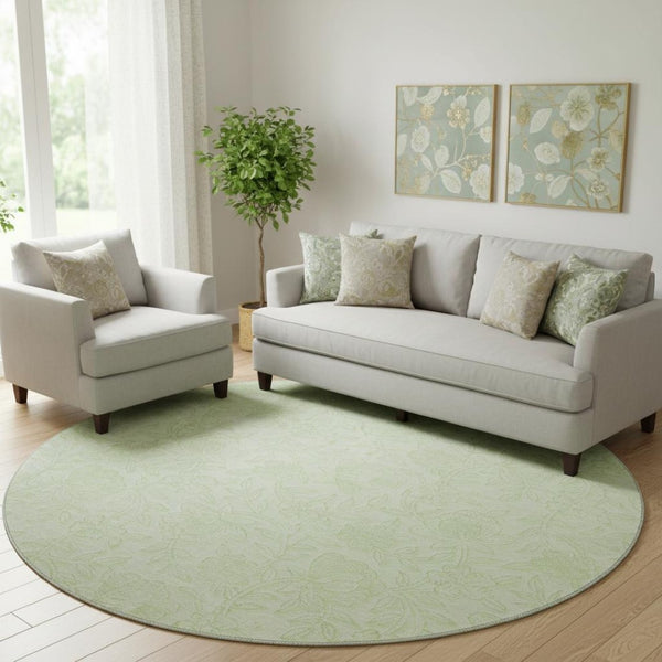 HomeRoots 8' Artichoke Green and Ivory Floral Round Rug – Washable, UV-Protected, Stain-Resistant Design 665041
