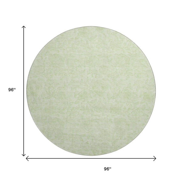 HomeRoots 8' Artichoke Green and Ivory Floral Round Rug – Washable, UV-Protected, Stain-Resistant Design 665041