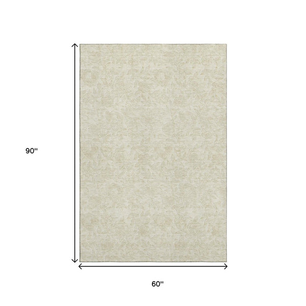 HomeRoots 5' X 8' Ivory and Beige Floral Washable Area Rug with UV Protection for Stylish Family Living Spaces 665046