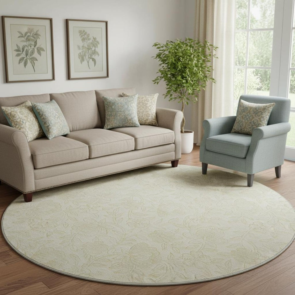 HomeRoots 8' Elegant Ivory & Beige Floral Round Rug - Washable, UV Protected, Ideal for High-Traffic Areas 665047