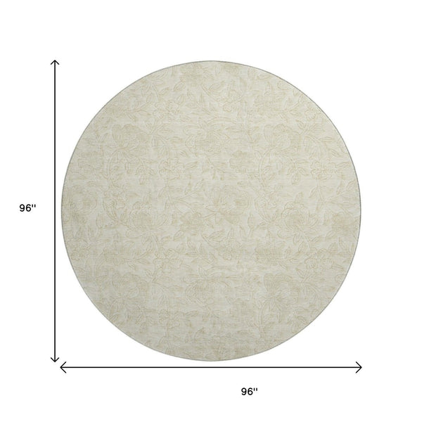 HomeRoots 8' Elegant Ivory & Beige Floral Round Rug - Washable, UV Protected, Ideal for High-Traffic Areas 665047