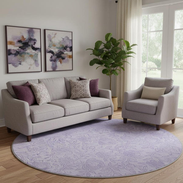 HomeRoots 8' Lilac and Ivory Floral Round Rug - Washable, UV Protected, Durable Design for Busy Homes 665053