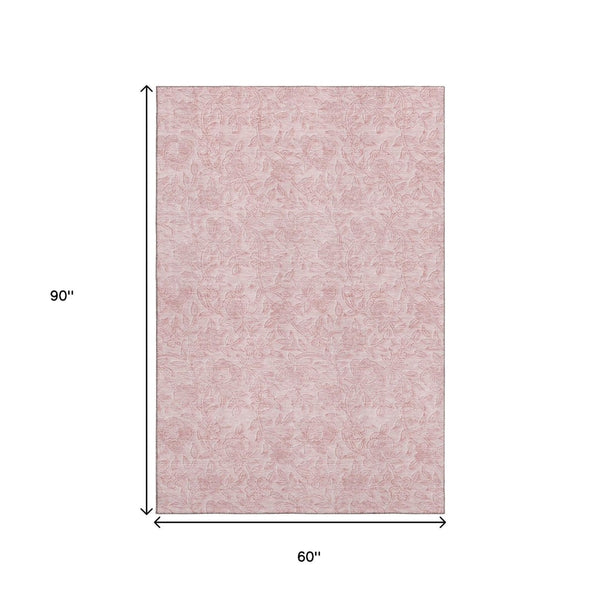 HomeRoots 5' X 8' Pink and Ivory Floral Area Rug - Washable, UV Protected, Durable for High-Traffic Spaces 665058