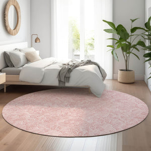 HomeRoots 8' Pink and Ivory Floral Round Rug - Washable, UV Protected, Stylish & Durable for Family Homes 665059