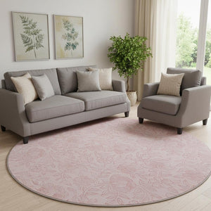 HomeRoots 8' Pink and Ivory Floral Round Rug - Washable, UV Protected, Stylish & Durable for Family Homes 665059
