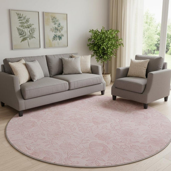 HomeRoots 8' Pink and Ivory Floral Round Rug - Washable, UV Protected, Stylish & Durable for Family Homes 665059